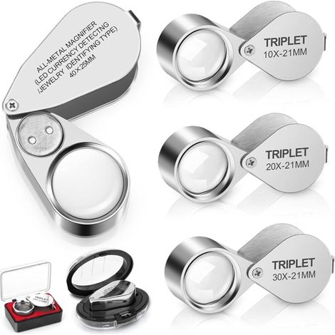 Set mit 4 beleuchteten Juwelierlupen, 10x, 20x, 30x und 40x Vergrößerung, komplett aus Metall, mit ausklappbarer Schmuckschlaufe