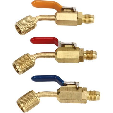 Lot de 6 vannes à bille coudées compactes pour réfrigérant, compatibles avec les tuyaux de charge des systèmes de climatisation et de réfrigération R410A, R134A, R12, R22 et R502. (1/5)