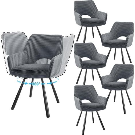 6er Set Esszimmerstühle drehbar 360° mit Armlehnen Grau Cord Metallbeine (1/5)