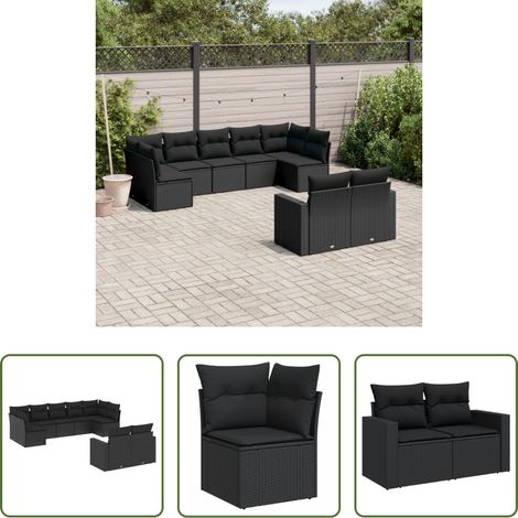 Gartensessel - 9-tlg. Garten-Sofagarnitur mit Kissen Schwarz Poly Rattan (1/5)