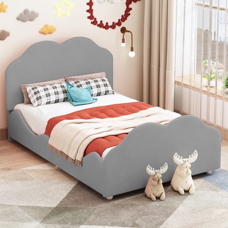 Lit capitonné lit d'enfant 90 x 200 cm, cadre de lit d'enfant avec barrière haute, tête et pied de lit en forme de nuage. Lit individuel en velours hypoallergénique, Gris
