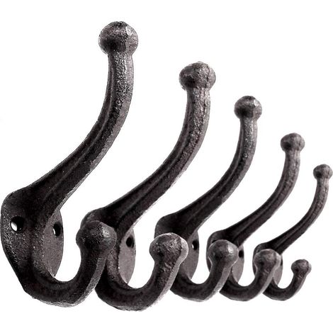 Lot de 5 crochets muraux rustiques robustes en fonte d'inspiration vintage pour vestiaire, porte-manteau, porte-monnaie, chapeau (1/5)