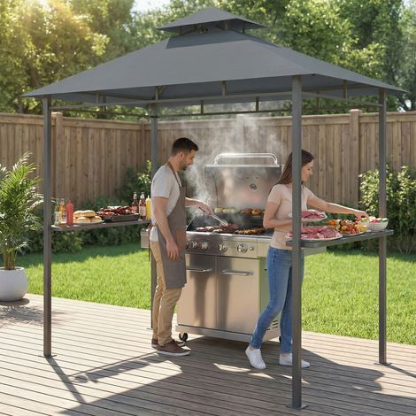 Grillpavillon 2,4 x 1,4 m, Windfest Grillüberdachung mit Doppeldach Lüftungsöffnung Seitenregalen