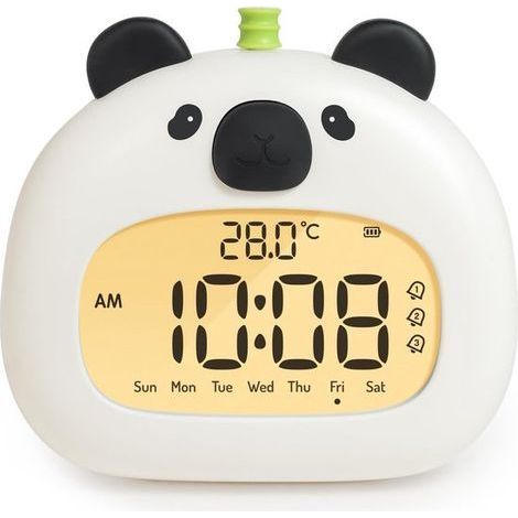 Longziming - Réveil enfant mignon avec veilleuse panda – Écran LED numérique de 8 cm, 3 alarmes, mode week-end, affichage de la date et de la température, rechargeable – Idéal pour la chambre d'enfant (1/5)