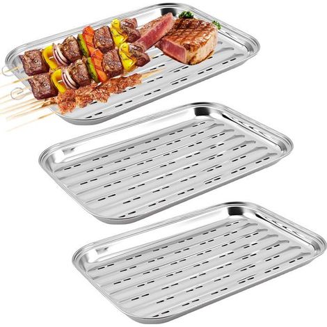BelleRise - 3 plateaux de barbecue en acier inoxydable : 34,9 x 24,5 x 2,7 cm, réutilisables (1/5)