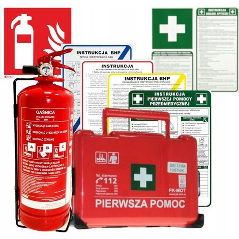 Trousse de premiers secours pour grandes entreprises, extincteur 2 kg + support de suspension, instructions, produit 2025