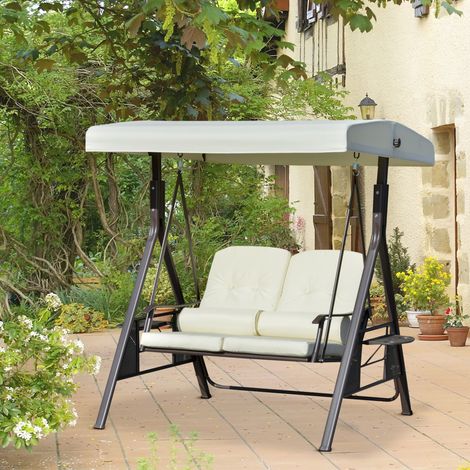Balancelle 2 places Outsunny avec auvent coussins plateau, structure métal polyester beige, 162x118x173 cm