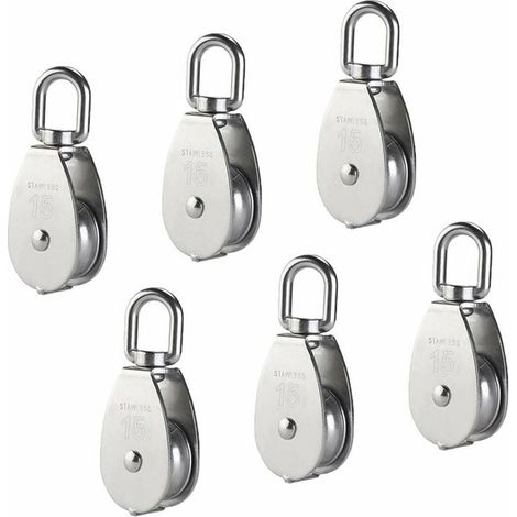 Polea simple M15 de acero inoxidable 304, bloque de rodillos de poleas individuales de 15 mm, gancho giratorio para grúa, cable de cuerda de alambre liso, carga de 77 lb / 35 kg (6 piezas) (1/5)