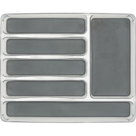 Wenko – Range couvert tiroir 6 compartiments – Antidérapant – Dimensions 32x4,5x40 cm – Plastique transparent et gris (1/7)