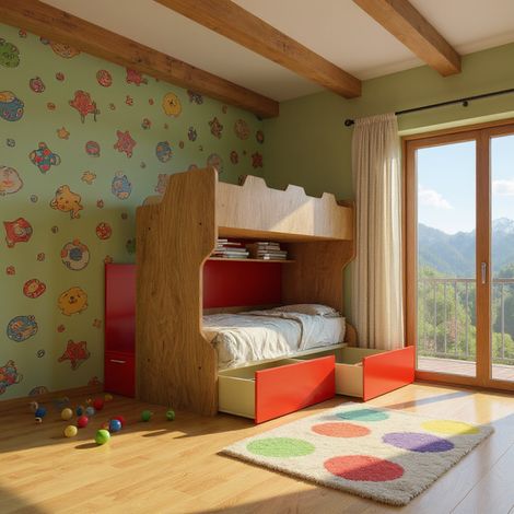 Letto a castello con scala contenitore e terzo letto estraibile - Cameretta salvaspazio - Quercia e Rosso
