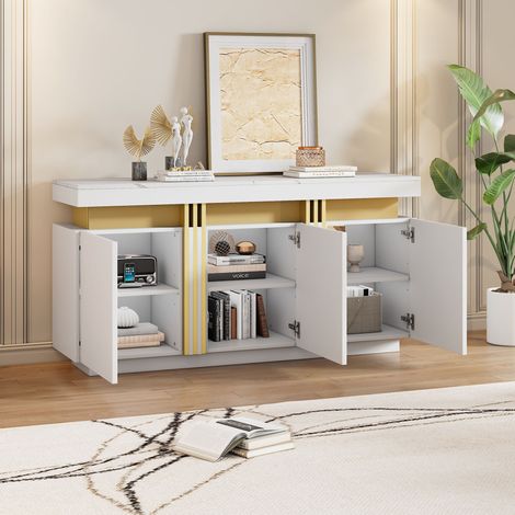 Aparador blanco 140x38x70 cm, 3 puertas, 6 compartimentos, estantes regulables DESVIAE (1/5)
