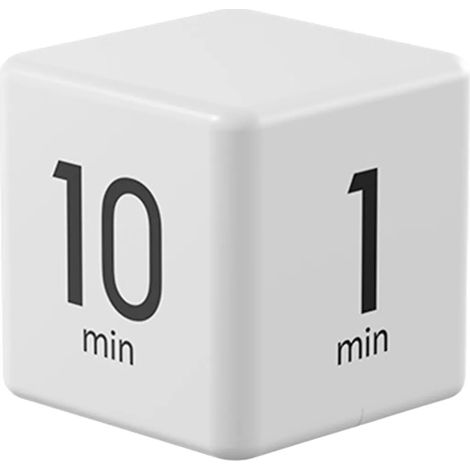 Timer a cubo bianco rotante, 1-3-5-10 minuti, display LED preimpostato, volume regolabile, ideale per lavoro, studio e cucina. (1/5)