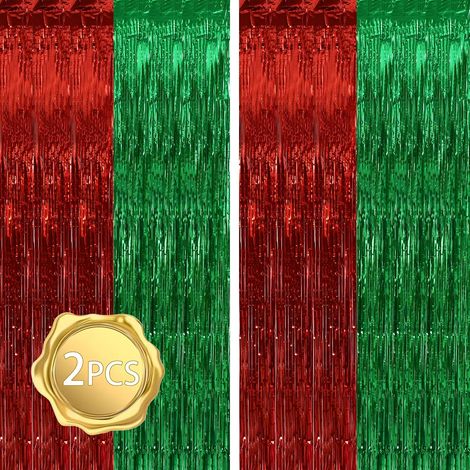 Lot de 2 rideaux à franges en aluminium, décoration murale et fenêtre, pour anniversaire et fête, rouge et vert (1/5)