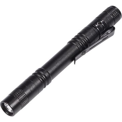 Lampe torche LED médicale avec clip, longueur 13 cm, mini lampe stylo portable en alliage d'aluminium noir, à pression, fonctionne sur pile, étui inclus, éclairage puissant haute luminosité. (1/5)