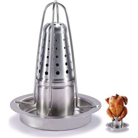 Grille à poulet en acier inoxydable, support pour bière canette et volaille, cuisson rôtie avec récipient à arômes (1/5)