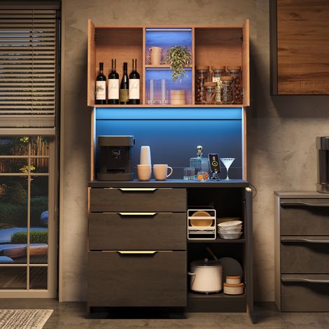 Buffet de cuisine 100 x 40 x 180 cm style béton avec plan de travail noir, éclairage LED réglable et UE, rangement moderne pour cuisine, gris et noir (1/5)
