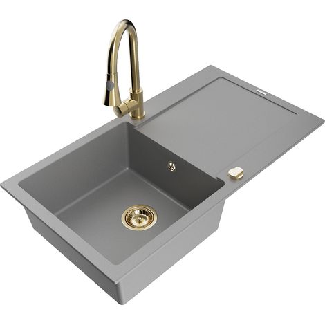 Mexen Leo lavello in granito 1-vasca con sgocciolatoio e rubinetto da cucina Elia, grigio - 6501-71-670101-50 (1/5)