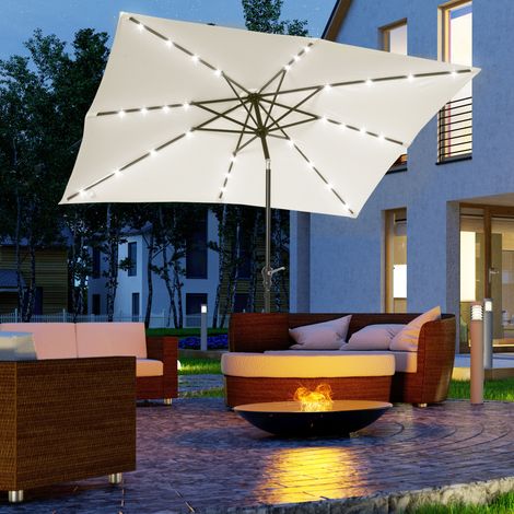 Parasol de jardin parasol droit 3 x 2 m lumineux rectangulaire inclinable parasol LED solaire acier polyester crème