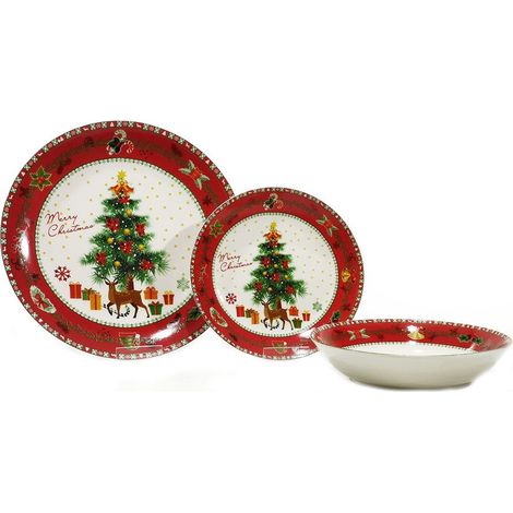 Servizio di piatti tavola di natale per 6 persone 18pz decorazioni natalizie addobbi casa decoro rosso  pacchi regalo albero agrifoglio