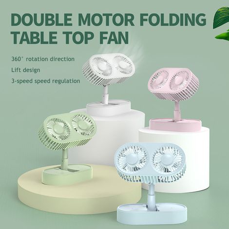 Klappbarer Tischventilator mit zwei Motoren, drehbar und kühlend, 3 Geschwindigkeitsstufen, tragbar, USB-aufladbar, für Zuhause, Küche, Camping und Outdoor-Aktivitäten. (1/5)