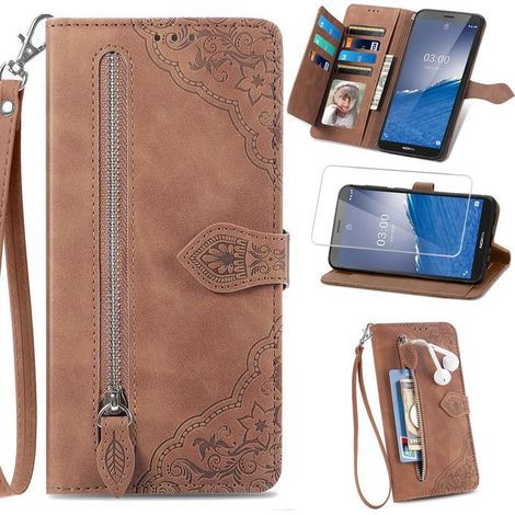 Verre trempé+Coque pour Xiaomi Redmi 13C/POCO C65 Etui avec Porte Carte Portefeuille Cuir PU Flip Case Housse,Vigne fleurie marron (1/5)