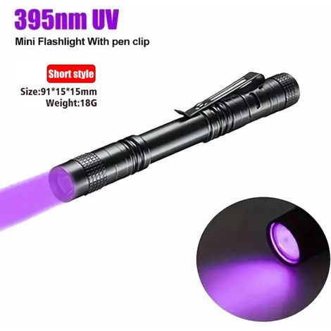 Lampe torche UV 395 nm avec clip stylo, fonctionne avec des piles AAA, émet une lumière violette, détecte l'urine animale et de scorpion, lampe UV courte - 1 pièce (1/5)
