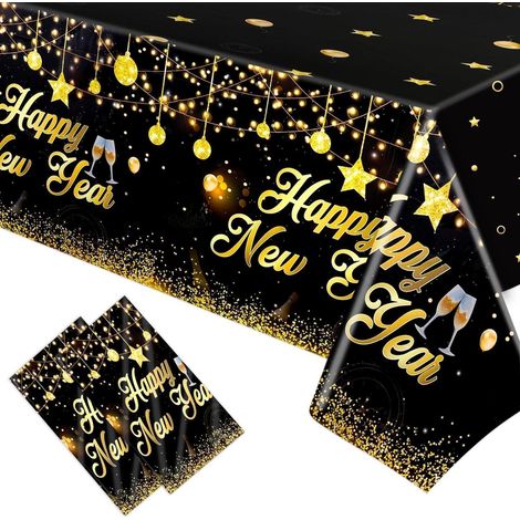 Tischdecke Silvester Deko 2027, 2 Stück Einweg-Kunststoff, Schwarzgold, 274x130cm