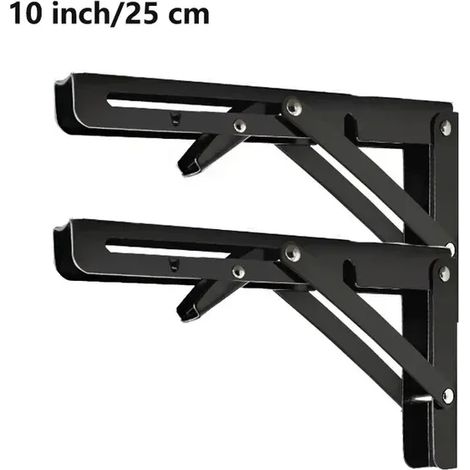 (Noir 25 cm) 2 supports d'angle triangulaires pliables, robustes et réglables, pour fixation murale, banc, table ou étagère. (1/5)