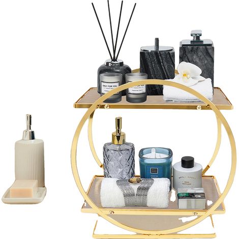 Organizador de cosméticos, acrílico de alta calidad, diseño de 2 niveles, estilo geométrico moderno, elegante acabado dorado, amplio espacio de almacenamiento. (1/5)