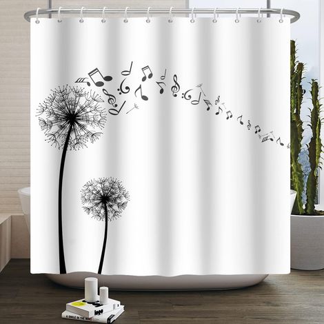 180x200cm Simple Rideau de Douche Pissenlit Noir Blanc avec Notes de Musique Minimaliste, Imperméable et Lavable pour Baignoire (1/5)