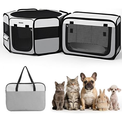 Parc portable 2 en 1 pour chat, [121,9 x 66 x 66 cm] Grand parc pour animaux de compagnie avec boîte à litière amovible, niche pop-up intérieur/extérieur pour chats/petits chiens/lapins, pliable avec (1/5)