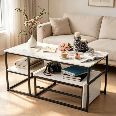 tables basses – Set de 2 tables basses gigognes – plateau marbre blanc – Stable et durable –  cadre métal noir –  105+52 cm