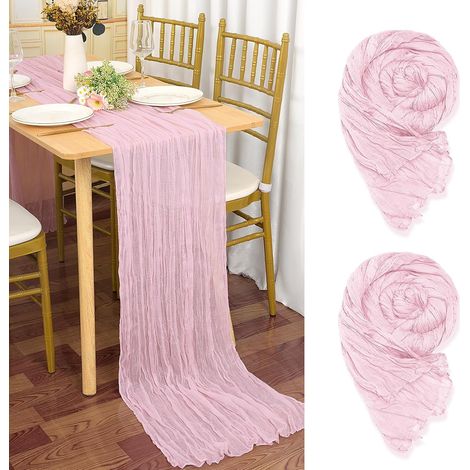 Set mit 2 Tischläufern aus babyrosa Musselin, 90 x 300 cm, rustikaler Gaze-Stoff, hellrosa, Tischdekoration für Hochzeiten, Tischdecke für Brautpartys, Tischdekorationen (1/4)