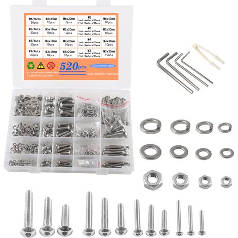520pcs Vis M3 M4 M5 M6 Boulon Ecrou et Rondelle Assortiment Visserie Bois Boite a Vis 304 Acier Inoxydable pour Maison, Bureau, électronique Industrielle avec Boîte Combinée (1/5)