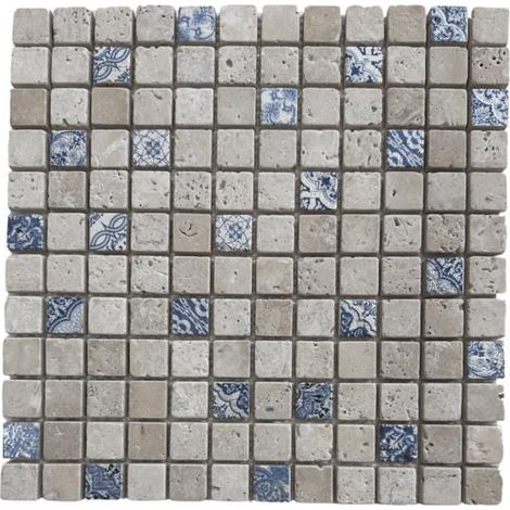 Mosaico in Travertino - AL-235 - Motivi Blu - 30,5x30,5 cm - Pietra Naturale