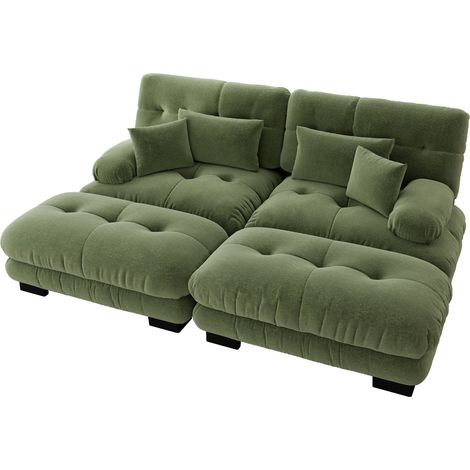 Canapé d'angle modulable en chenille vintage vert avec 2 coussins lombaires et 2 coussins décoratifs (1/5)