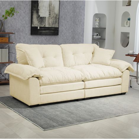 Canapé 2 places en chenille beige 214x89x93 cm, assise profonde, coussins amovibles, mousse à mémoire de forme (1/5)