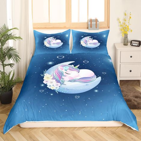 Enfants Licorne Literie Bleu Lune imprimé fille Housse de Couette 200x200 Ensemble de Literie pour Animaux pour Adolescents belle Housse de Couette de Cheval pour Licorne literie Florale zip Tie - 200 (1/5)