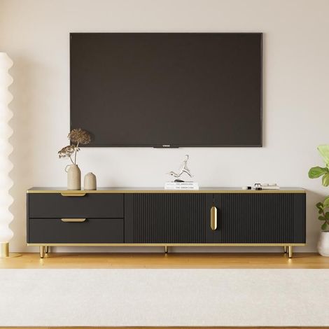 Meuble TV - KOMHTOM - 170x45x37 cm - 2 tiroirs - 2 portes sculptées - Noir et doré (1/5)