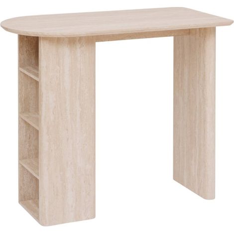 Atmosphera – Table haute bar Anaya 120 cm MDF effet travertin – Plateau ovale pour 2 personnes – Étagères latérales pour rangement pratique (1/5)