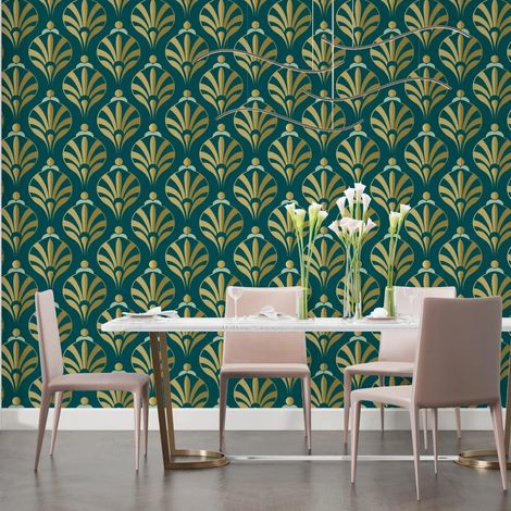 Papier Peint Art & Déco – Motifs Feuillagés Dorés sur Vert Émeraude - 150 x 250 cm (1/2)