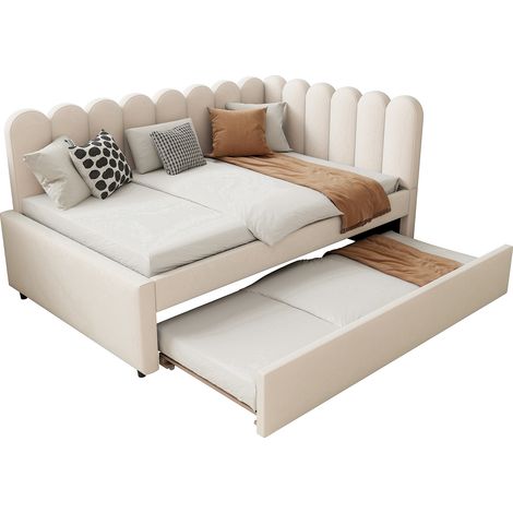 Lit avec rangement gigogne en velours beige 140x200 cm, design en L, sommier à lattes inclus (1/5)