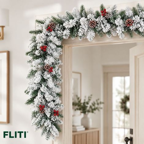 FLITI Artificial Flocked Fir Garland with Snow Effect, 1.8m, Pine Cones and Red Berries for Decoration (1/5)