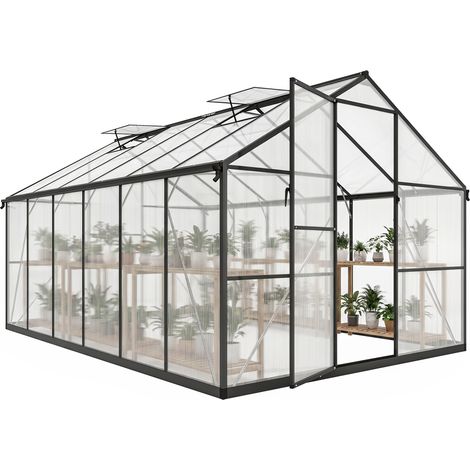 Serre de jardin - Outsunny - en aluminium polycarbonate - avec fenêtres supérieures réglables gouttières - 363x247x205cm noir