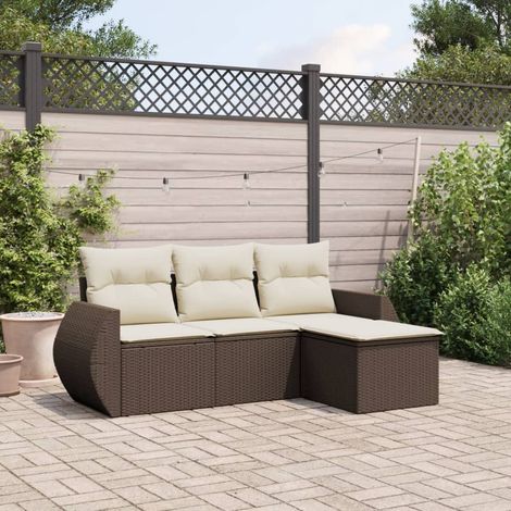 Set de sofás de jardín 4 pzas y cojines ratán sintético marrón