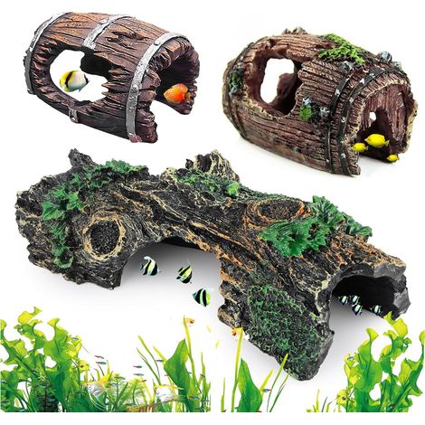 3 Pièces Décoration Aquarium, Résine Grain de Bois, Cachette Multicanaux, Pour Crevettes Poissons (1/5)