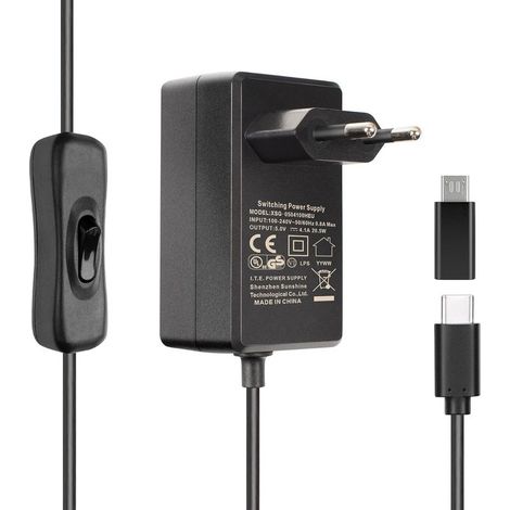 1 USB-C-Netzteil – Ein-/Ausschalter – 5 V, 4,1 A, 20,5 W Ausgangsleistung – Kompatibel mit Raspberry Pi 4 und 3 – Schwarz – 150 cm Kabel (1/5)