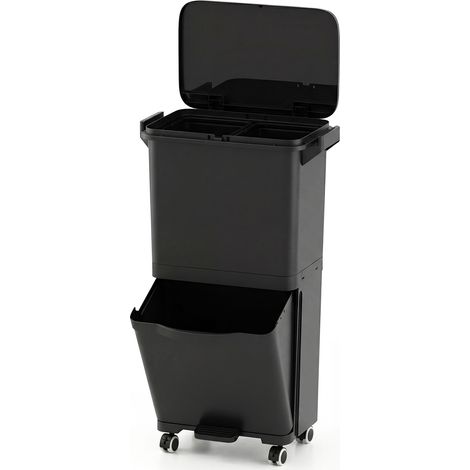 Poubelle de 36L avec 2 Bacs Amovibles, Compartiment Basculant, Autocollants de Classification des Déchets, Roues Universelles, pour Cuisine, Noir