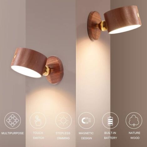 Applique Murale Magnétique Bois LED Rechargeable USB Intensité Variable Veilleuse Armoire Chevet Enfant Sapele (1/3)
