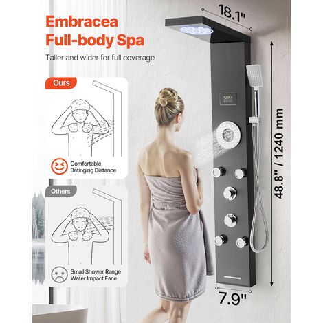 Colonne de douche avec pommeau de douche effet pluie, système de panneau de douchette mural LED en acier inoxydable brossé 1345 mm,… (1/5)